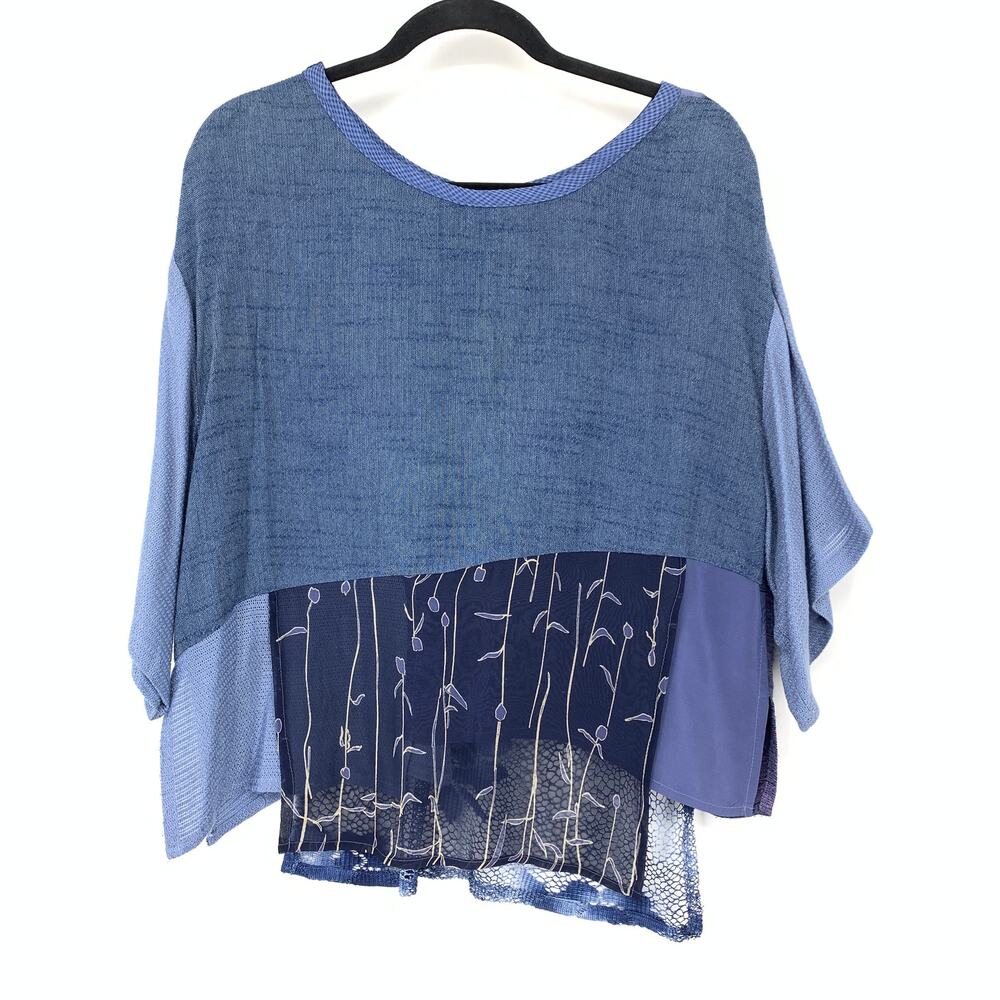 Donna Jessica Tunic Sz 2 L Blue Mixed Media Embroidered Asymmetric Art to Wear